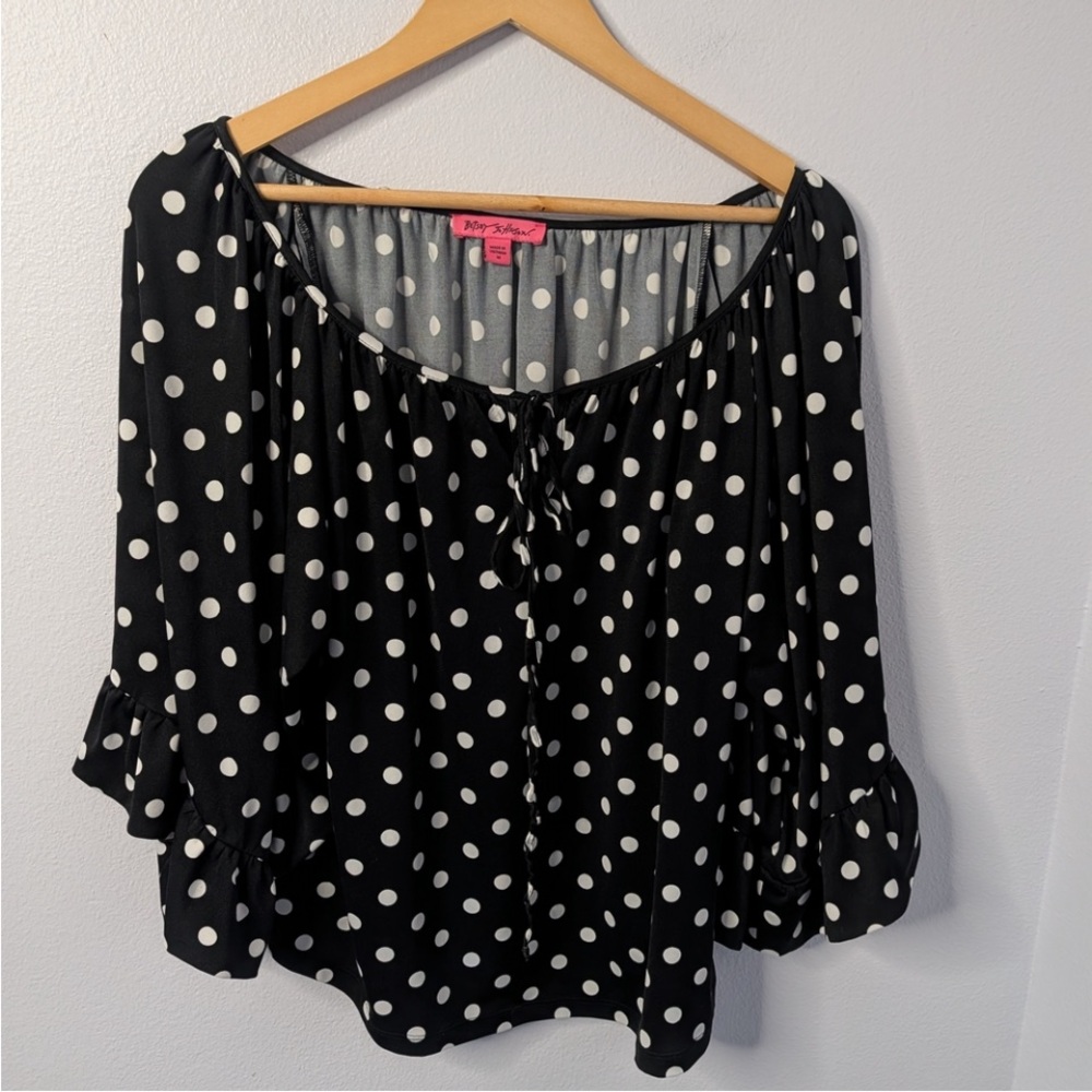 Betsey Johnson Black & White Heart Print Peasant Blouse-Size L